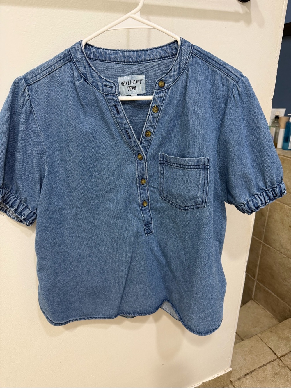 Velvet Heart Denim Blue Girls' Short Sleeve Henley Blouse